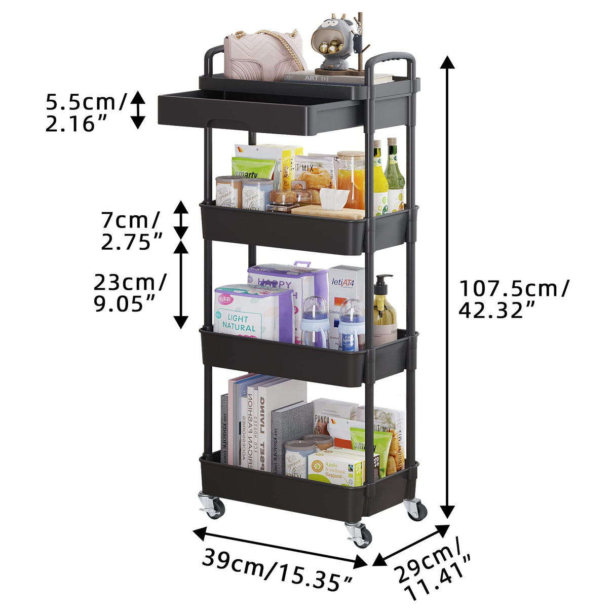 Calmootey 4-Tier Rolling Utility Cart with Drawer,Multifunctional Storage Organizer with Plastic Shelf & Metal Wheel,Storage Cart for Kitchen,Bathroom,Living Room,Office,Black Calmootey