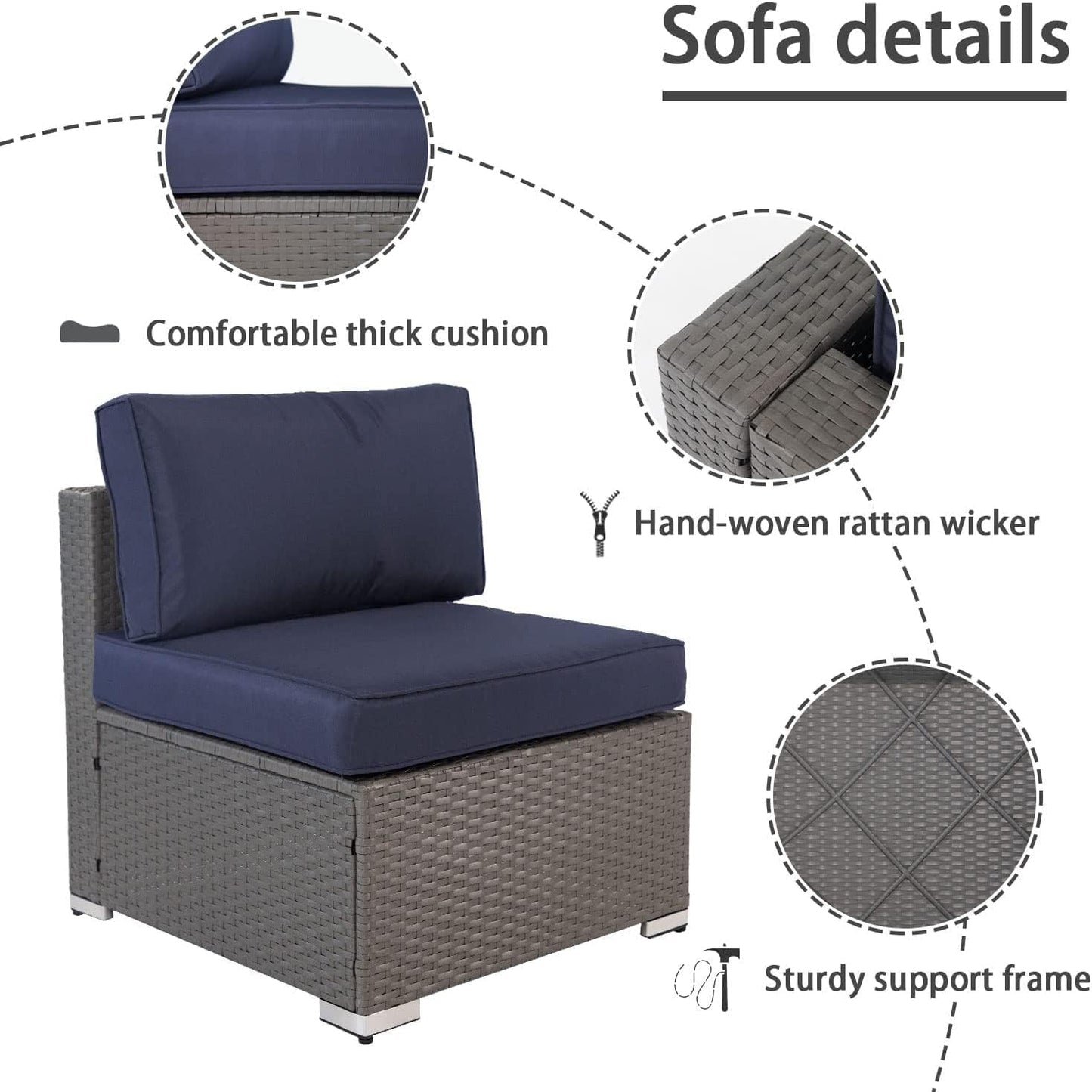 Oakcloud 7-Piece Outdoor Patio Furniture Set Grey Rattan Wicker Sectional Sofa Conversation Sets with Cushions and Glass Top Table (Dark Blue) - WoodArtSupply