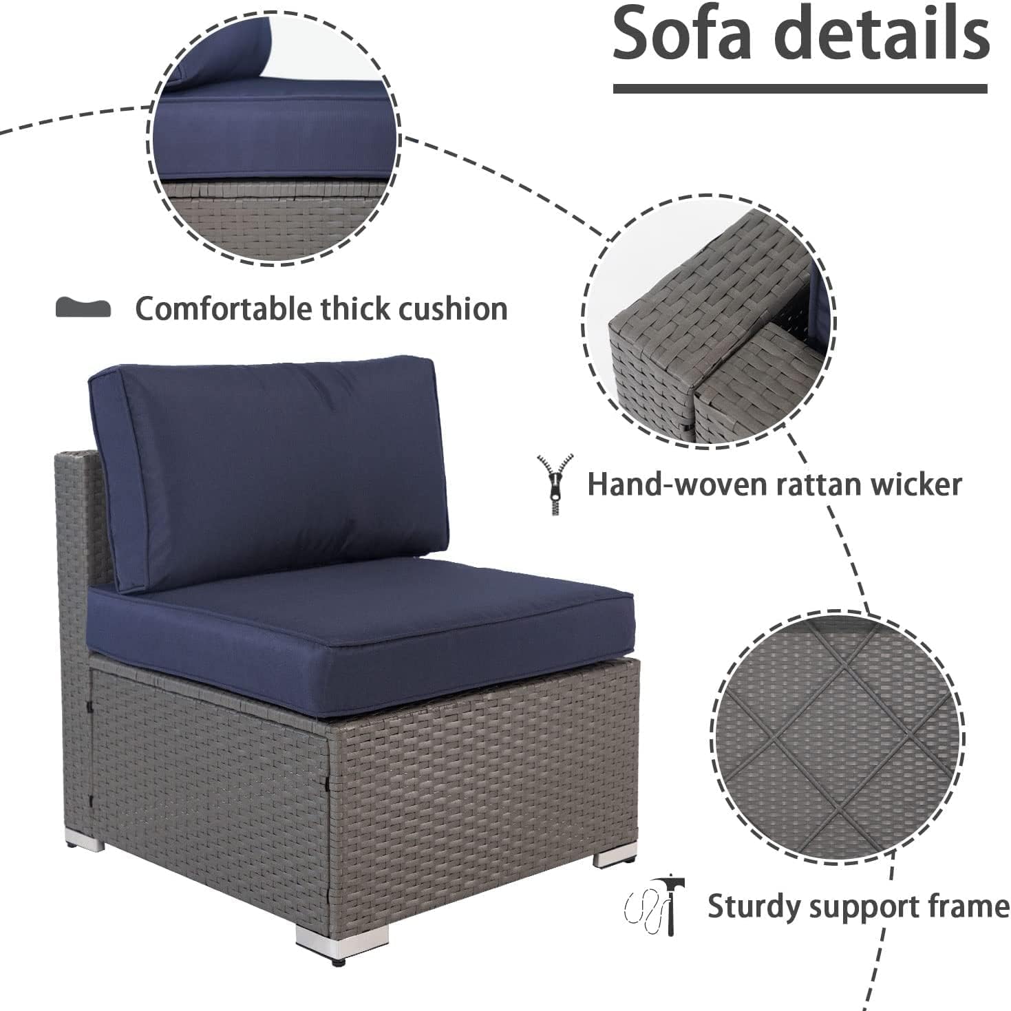 Oakcloud 7-Piece Outdoor Patio Furniture Set Grey Rattan Wicker Sectional Sofa Conversation Sets with Cushions and Glass Top Table (Dark Blue) - WoodArtSupply