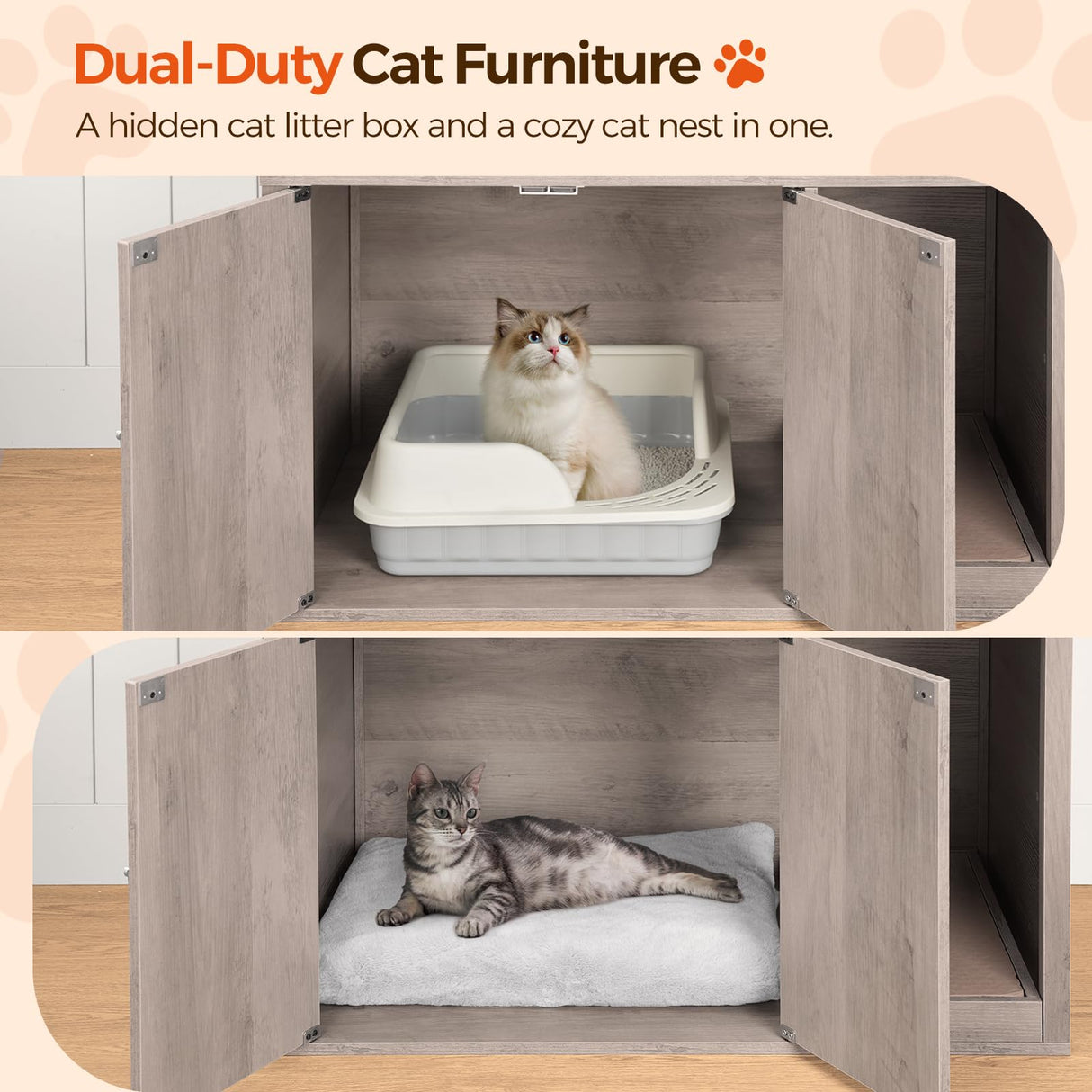 MAHANCRIS Cat Tree with Litter Box Enclosure, Hidden Cats Litter Box Furniture with Condo and Plush Ball, Wooden Cats Washroom Furniture with Platform, Indoor Cat House, Greige CWHG1501 MAHANCRIS