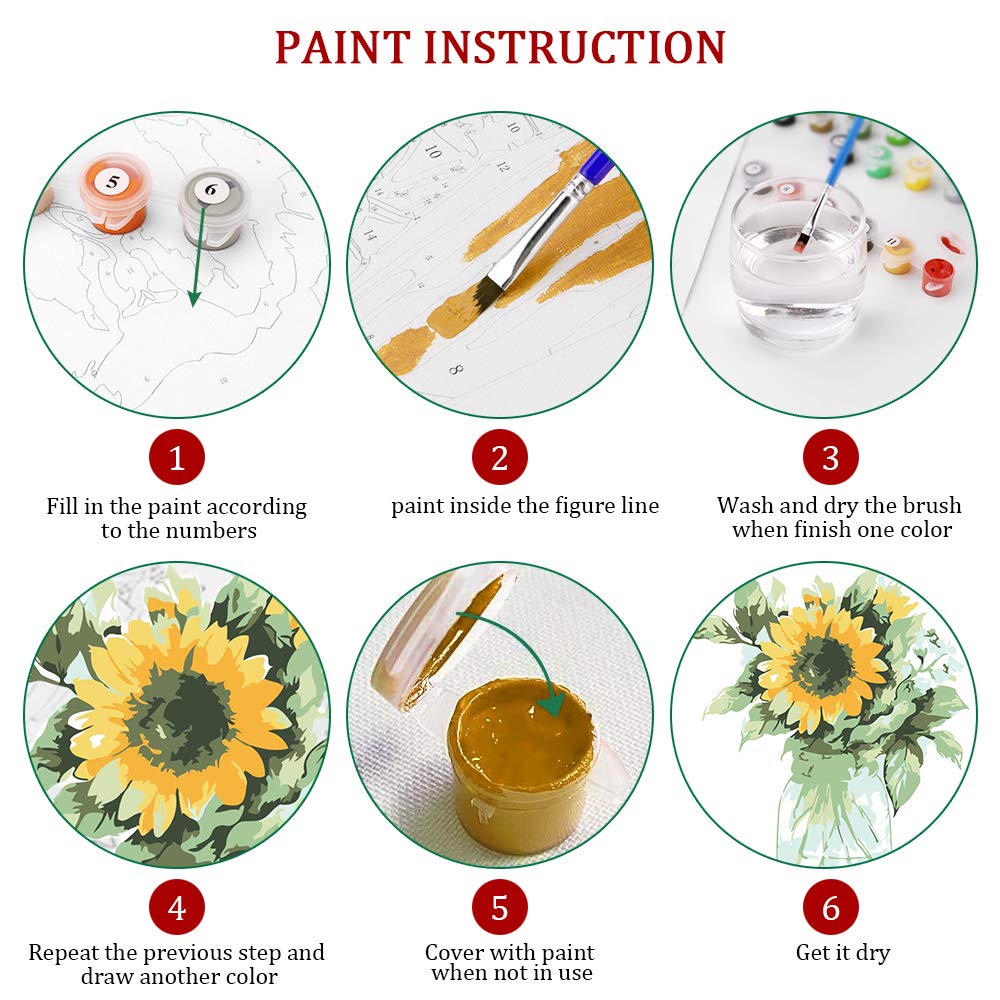 Ginkko Paint by Numbers Kit for Adults Beginner & Kids Ages 8-12 with Wooden Frame Easy Acrylic on Canvas 9x12 inch with Paints and Brushes, Vase Sunflower(Include Framed) Ginkko