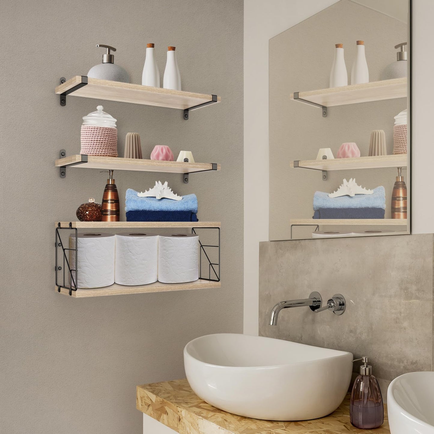 TJ.MOREE Bathroom Shelves Over Toilet Floating Shelves for Wall Rustic with Toilet Paper Wire Basket, Farmhouse Floating Shelf for Bedroom, Living Room, Kitchen, Wall Decoration (Ivory Brown) - WoodArtSupply