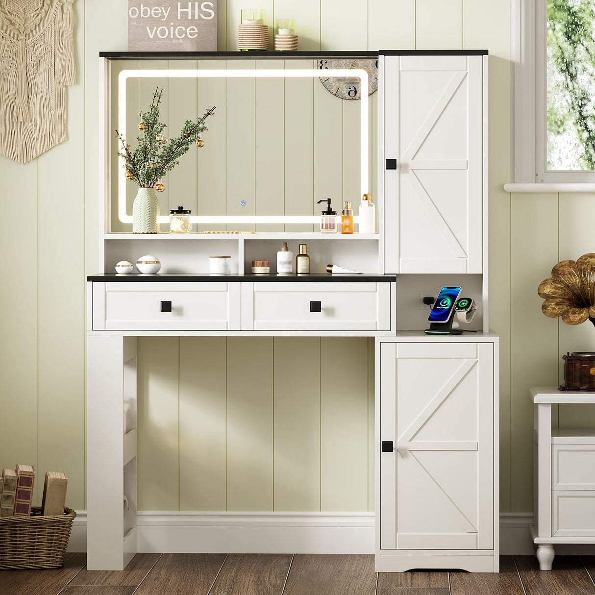 Ieejdn Farmhouse Makeup Vanity Desk with Mirror and Lights,Glass Top Vanity Desk with Power Outlet,Makeup Vanity with 2 Drawers & Storage Shelves,Rustic Vanity,Antique White+Black Ieejdn