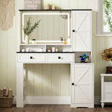 Ieejdn Farmhouse Makeup Vanity Desk with Mirror and Lights,Glass Top Vanity Desk with Power Outlet,Makeup Vanity with 2 Drawers & Storage Shelves,Rustic Vanity,Antique White+Black Ieejdn