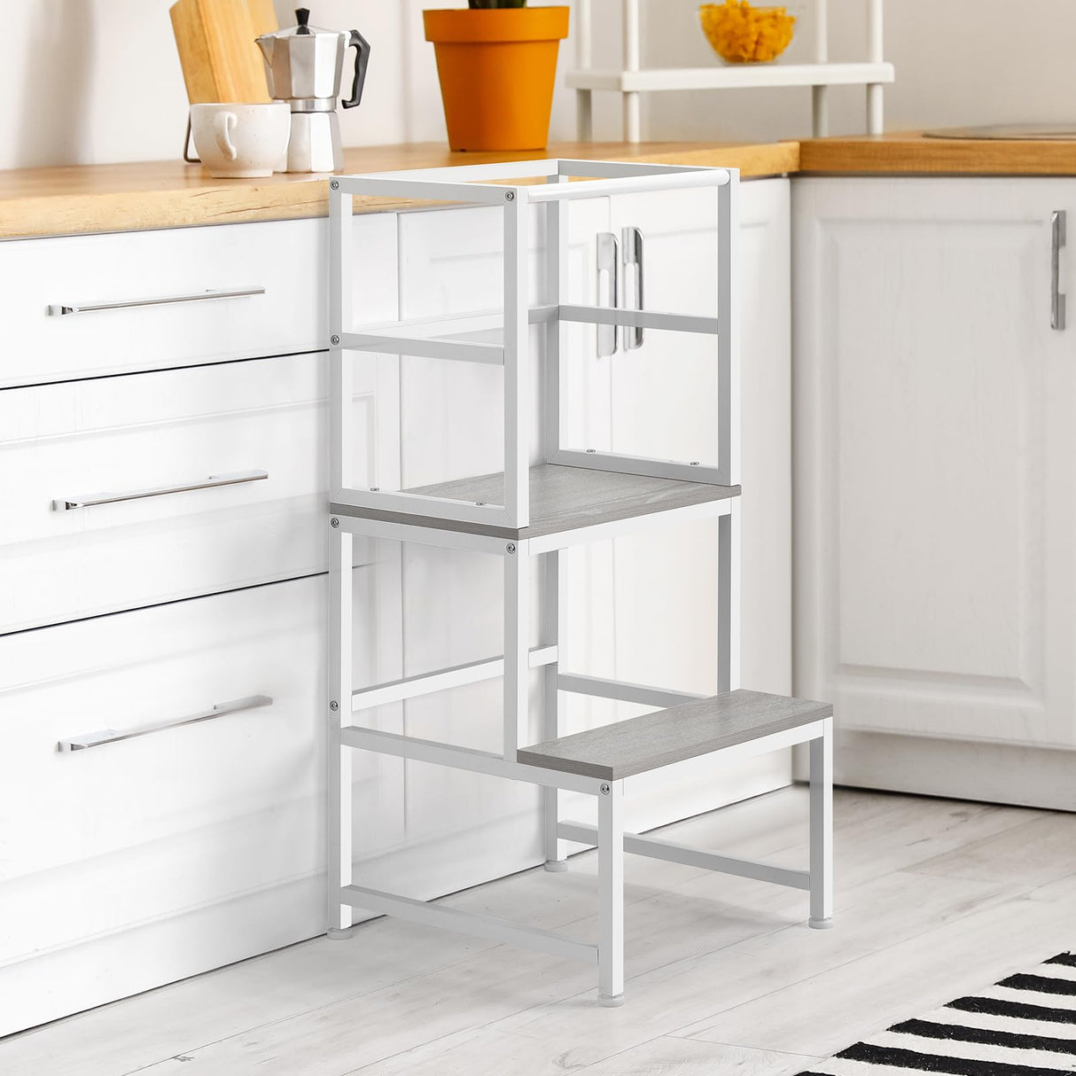 LIANTRAL Toddler Kitchen Stool Helper, Toddler Standing Tower with Safety Rail, Kids Kitchen Step Stool, Wood and Metal, Kids Counter Level Learning Stool for Kitchen, Bathroom, White LIANTRAL