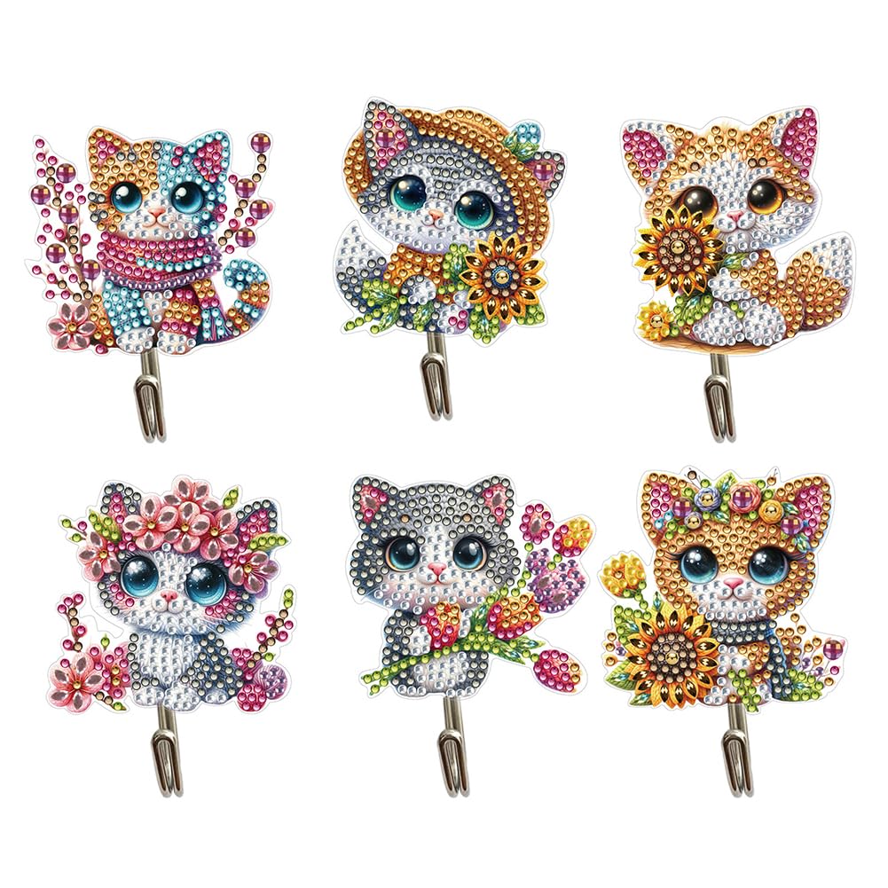 Sulunmo Diamond Art Kits for Adults, DIY Diamond Painting Key Holder for Wall Hooks for Hanging Keys, Sunglasses, Bag(6Pcs Bigeyed Cat-3) Sulunmo