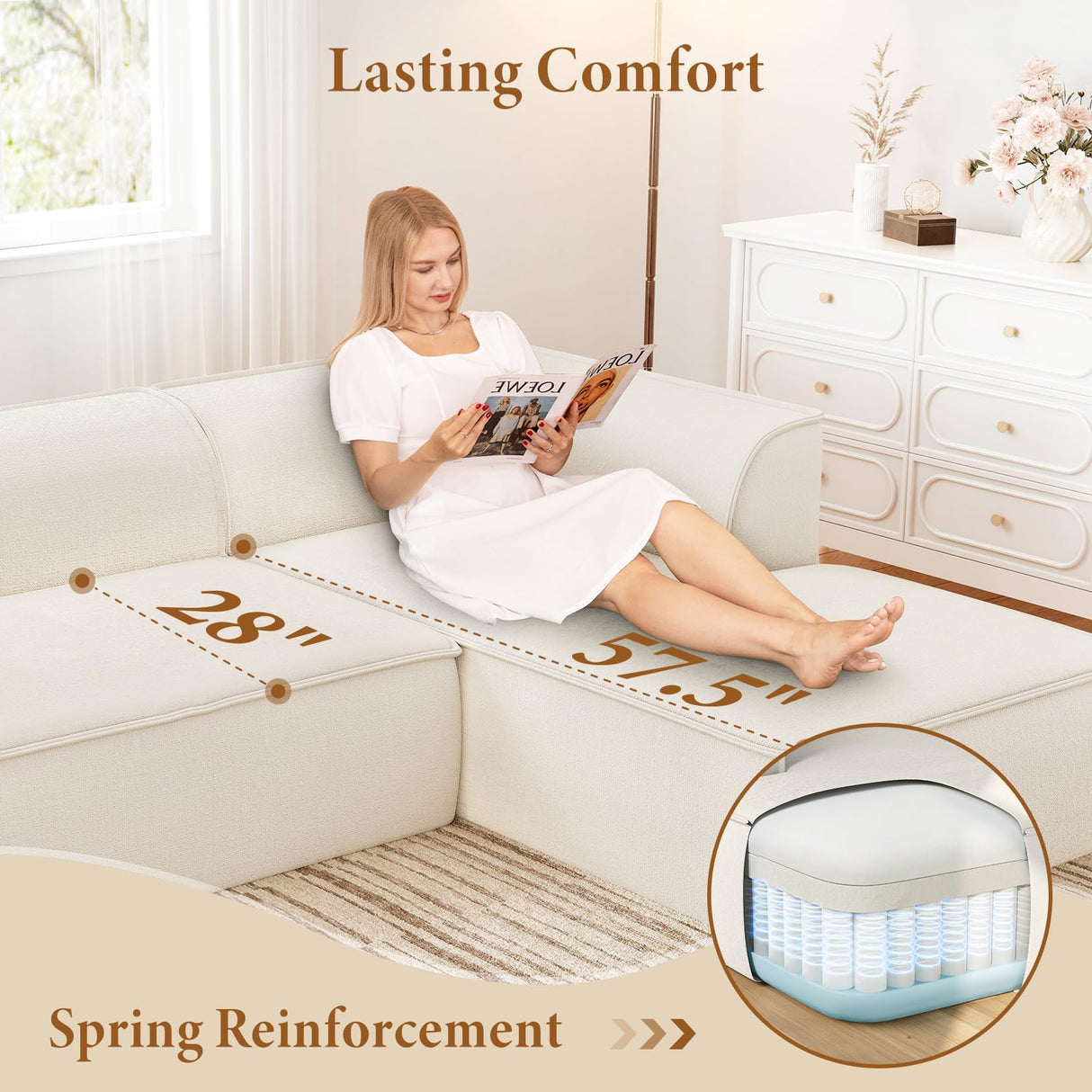 Vesgantti 106" Cloud Sectional Couch with Chaise, Deep Seat Modular Sectional Sofa Chenille Memory Foam Sofa Boneless Couches for Living Room Bedroom, No Assembly Required (Beige, Right-Facing Chaise) Vesgantti