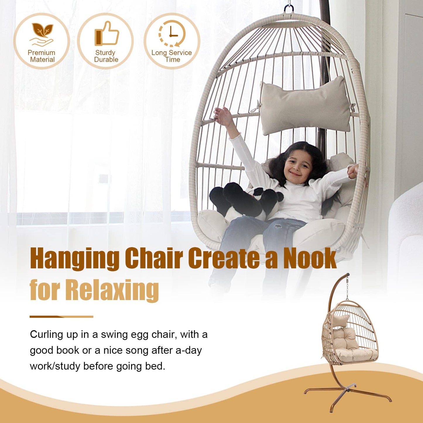 NICESOUL® Swing Egg Chair with Stand Indoor Outdoor Wicker Rattan Patio Basket Hanging Chair with UV Resistant Cushions 350lbs Capacity for Bedroom Balcony Patio (Cream)