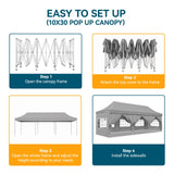 Hoteel Canopy 10x30 Heavy Duty Pop Up Canopy Tent with 8 Sidewalls,UPF50+ and Waterproof 1500mm,3 Height Adjustable,Upgraded Hexagonal Pipe,Commercial Instant Tent,for Picnic,Parties,Wedding,Grey Hoteel