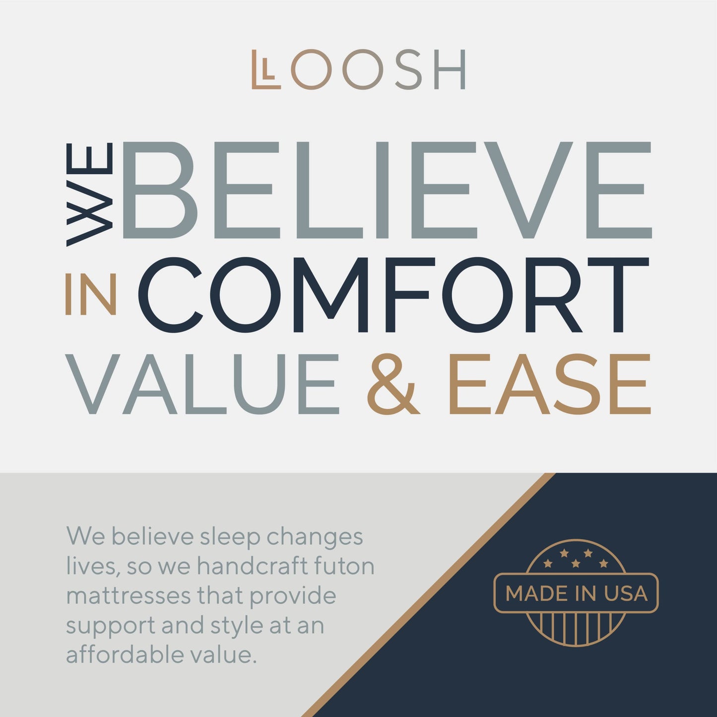 Loosh Premium Queen Size Sofa Bed Memory Foam Futon Mattress - 10" USA Made, Navy, No Frame