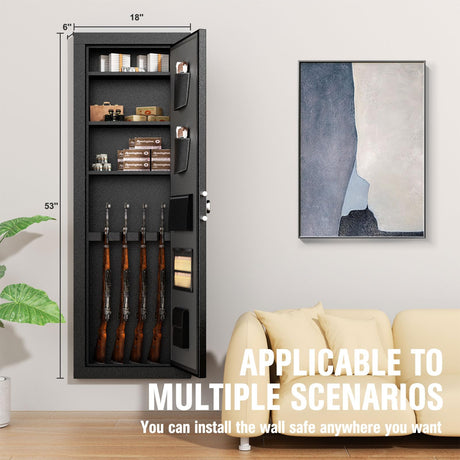Bonusall 53" Wall Gun Safes Between Stud with Fingerprint Lock,Assembled Shotgun Safe with 3 Removable Shelf,4 Wall Gun Cabinets for Rifles and Pistols with Adjustable Racks (Black) Bonusall