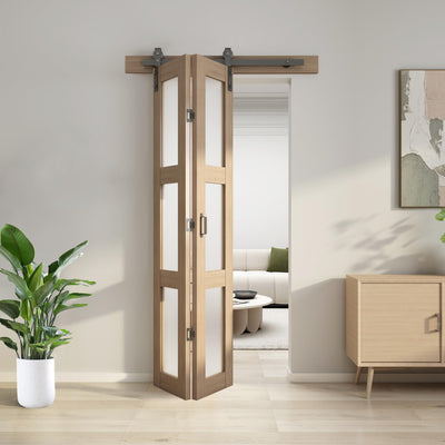 JUBEST Bifold Glass Barn Door, Bi Fold Glass Sliding Barn Door Kit with Hardware Include, 3-Panel Glass Barn Door Slab, Barn Door Hardware for Bedroom, Living Room, Bathroom, Brown (36"x84")
