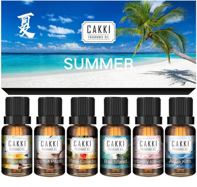 Summer Essential Oils for Diffusers for Home, CAKKI Fragrance Oils Set, 6X10ml with Coconut Passion, Plumeria, Pina Colada, Aqua Kiss, Bali Island, Strawberry, Aromatherapy Oils, for Candles Making