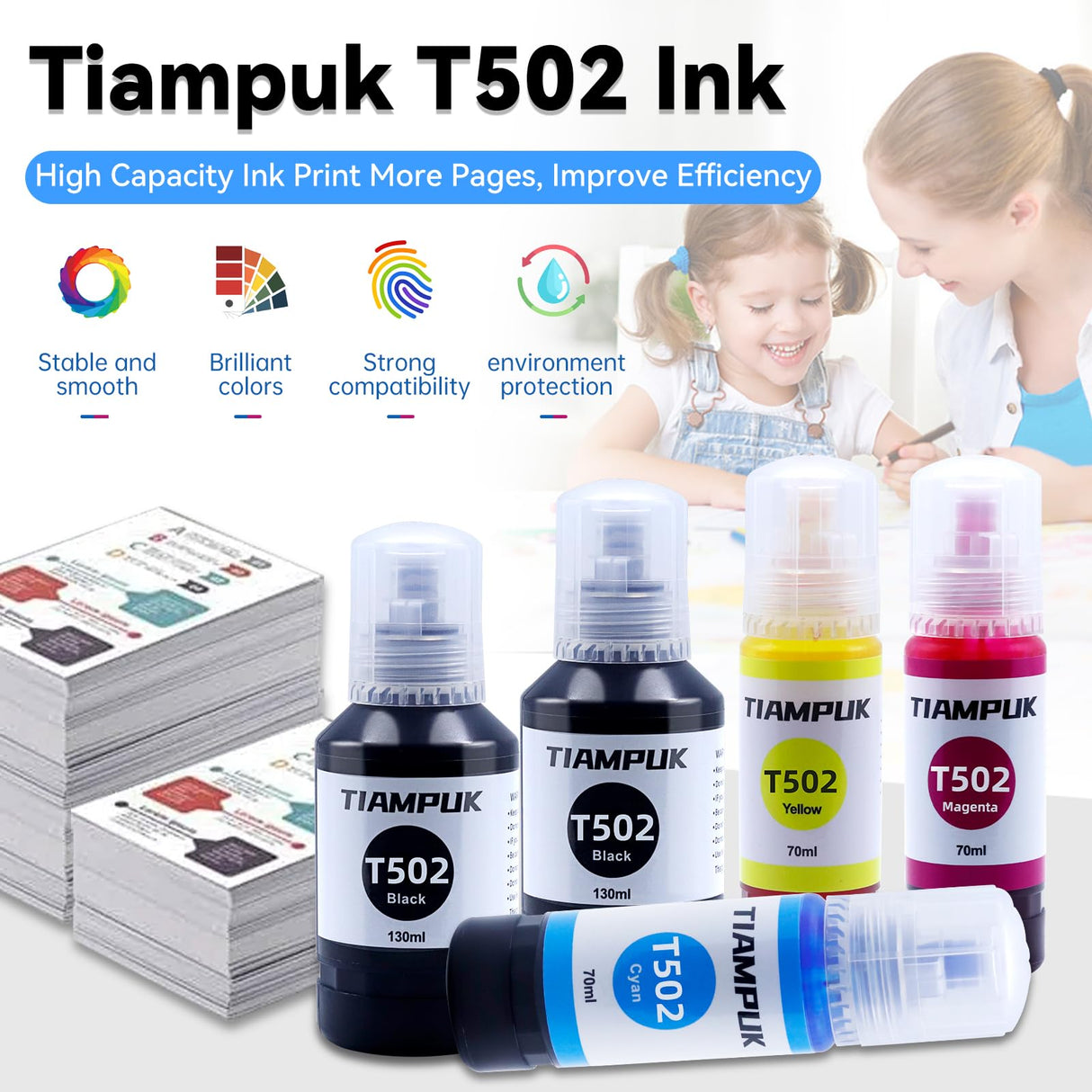Tiampuk 5 Pack T502 502 Ink Refill Bottles for Ecotank ET-4850 ET-4760 ET2750 ET-3760 ST-4000 ET-15000 ET-2850 ST-2000 ET-3710 ET-3850 ET-3750 ET-3830 ET4750 ET3700 ST3000 ET2700 ET2760 Printer Tiampuk