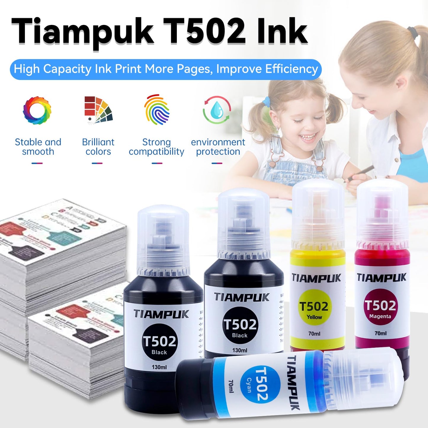 Tiampuk 5 Pack T502 502 Ink Refill Bottles for Ecotank ET-4850 ET-4760 ET2750 ET-3760 ST-4000 ET-15000 ET-2850 ST-2000 ET-3710 ET-3850 ET-3750 ET-3830 ET4750 ET3700 ST3000 ET2700 ET2760 Printer