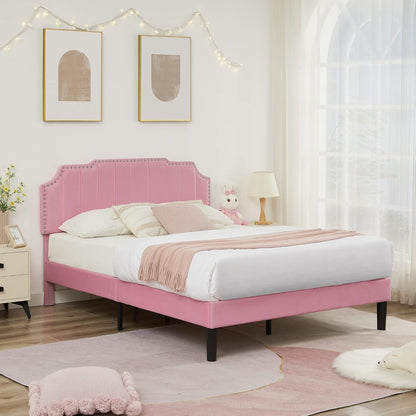 VECELO Full Size Upholstered Platform Bed Frame with Tufted Adjustable Headboard/Mattress Foundation/Wood Slat Support,Easy Assembly,Pink