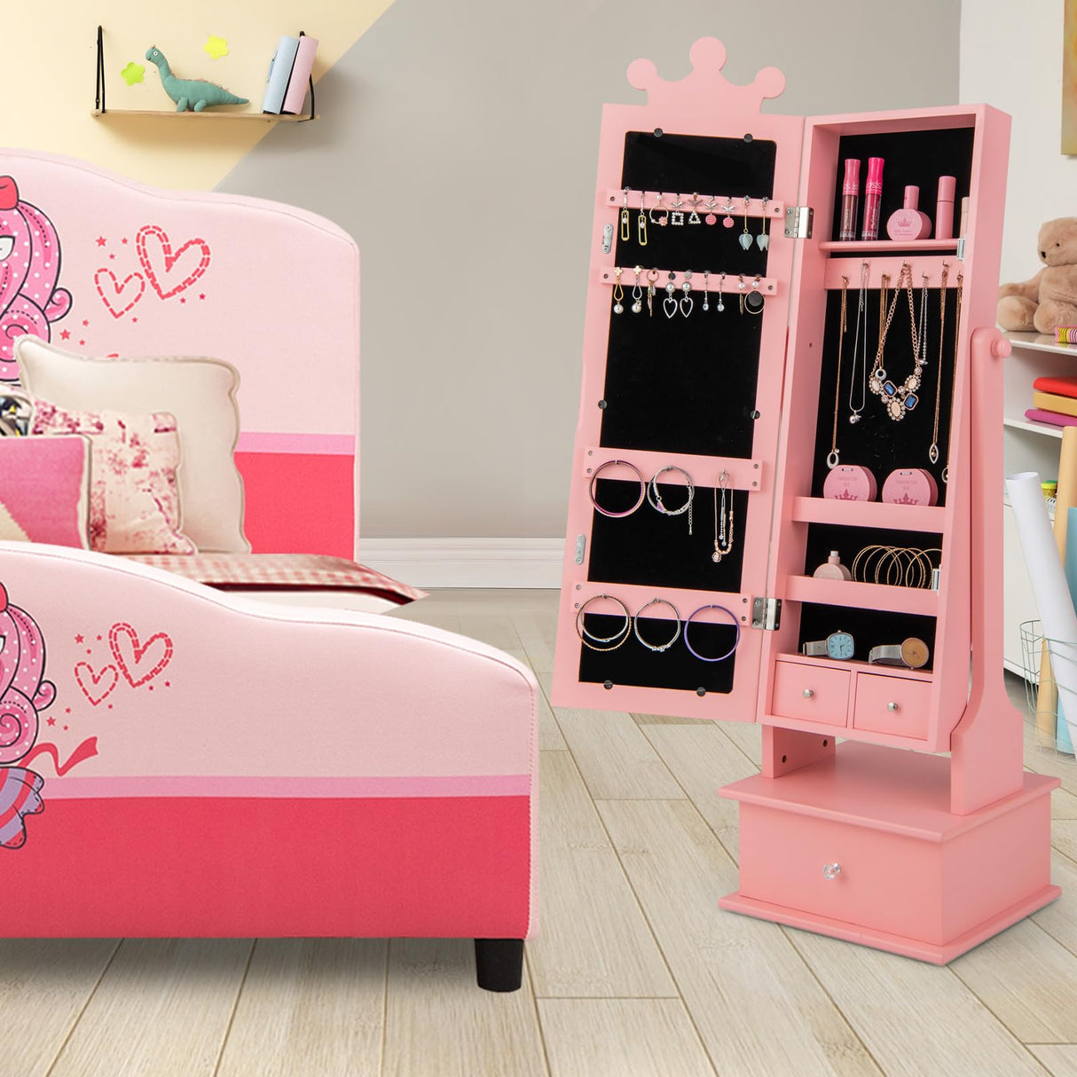 HONEY JOY Kids Jewelry Armoire Cabinet, 2-Angle Tilting Wooden Standing Jewelry Organizer with Full-length Mirror and Storage Drawers, Children Dress Up Jewelry Cabinet for Little Girls (Pink) HONEY JOY