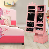 HONEY JOY Kids Jewelry Armoire Cabinet, 2-Angle Tilting Wooden Standing Jewelry Organizer with Full-length Mirror and Storage Drawers, Children Dress Up Jewelry Cabinet for Little Girls (Pink) HONEY JOY