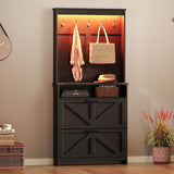 Farmhouse Shoe Storage Cabinet with 2 Flip Drawers & Coat Rack, LED Light, Hall Tree with Hidden Shoe Cabinet, Freestanding Shoes Organizer Cabinet for Entryway, Hallway, and Living Room, Black RALGEND