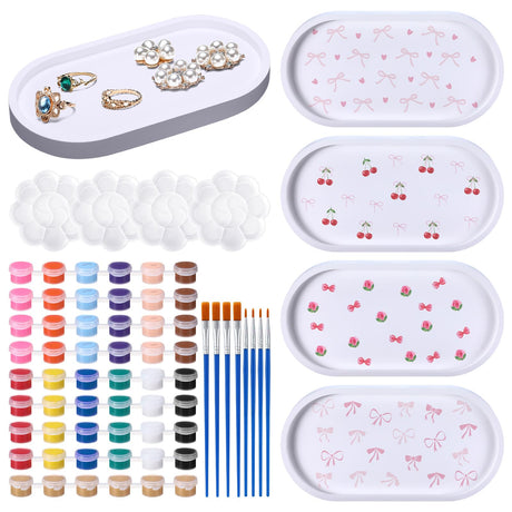 MotiMind 4 Set Jewelry Tray Ceramics to Paint Ready to Paint Your Own Ceramic Ring Dish Holder DIY Unpainted Plaster Trinket Dish Paintable Tray Crafts with Brush Palette for Adults(Oval Shape) MotiMind