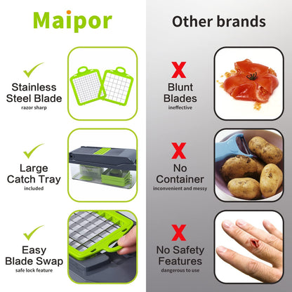 MAIPOR Vegetable/Pro Onion Chopper, Multifunctional 13 in 1 Food Chopper, Kitchen Vegetable Slicer Dicer Cutter With 8 Blades,Veggie, Carrot and Garlic Chopper With Container (Gray)