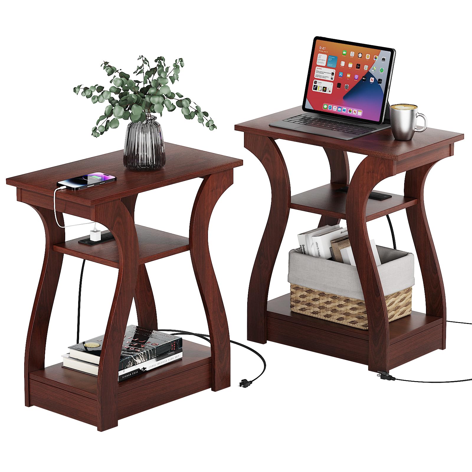 FROMJBEST End table Set of 2 Side Table with Charging Station, Side Table with USB Ports and Outlets, Nightstand, 3 Tier End table with Storage Shelf for Living Room, Bedroom (Cherry) - WoodArtSupply