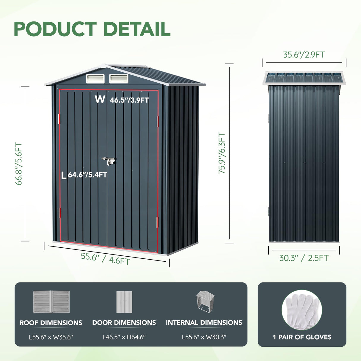 MistMo 5x3X6.3FT Outdoor Steel Storage Shed with Lockable Doors and Frame Floor, Compact Small Bike Shed, Ideal for Garden, Backyard, Swimming Pool, Patio Utility and Tool Storage Mistmo