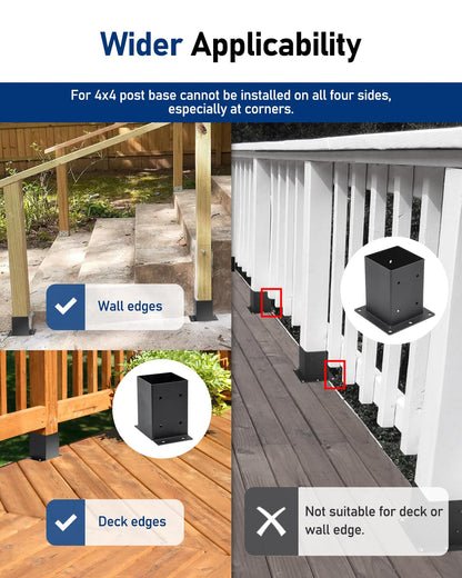 vikofan Heavy Duty 4x4 Post Base Kit - Black Powder-Coated Metal Post Brackets for 3.5"x3.5" Posts, Fit for Wood & Concrete Installations - Perfect for Deck, Fence, Mailbox, Pergola Supports  - WoodArtSupply