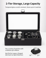 Vlando 6-Slot Watch Box Organize, Lockable Watch Case with Textured Leather, 2 Layer Watch Holder for Rings, Bracelets, Glasses, Glass Lid, Removable Divider, Gift for Fathers, Husband, Friend, Black Vlando