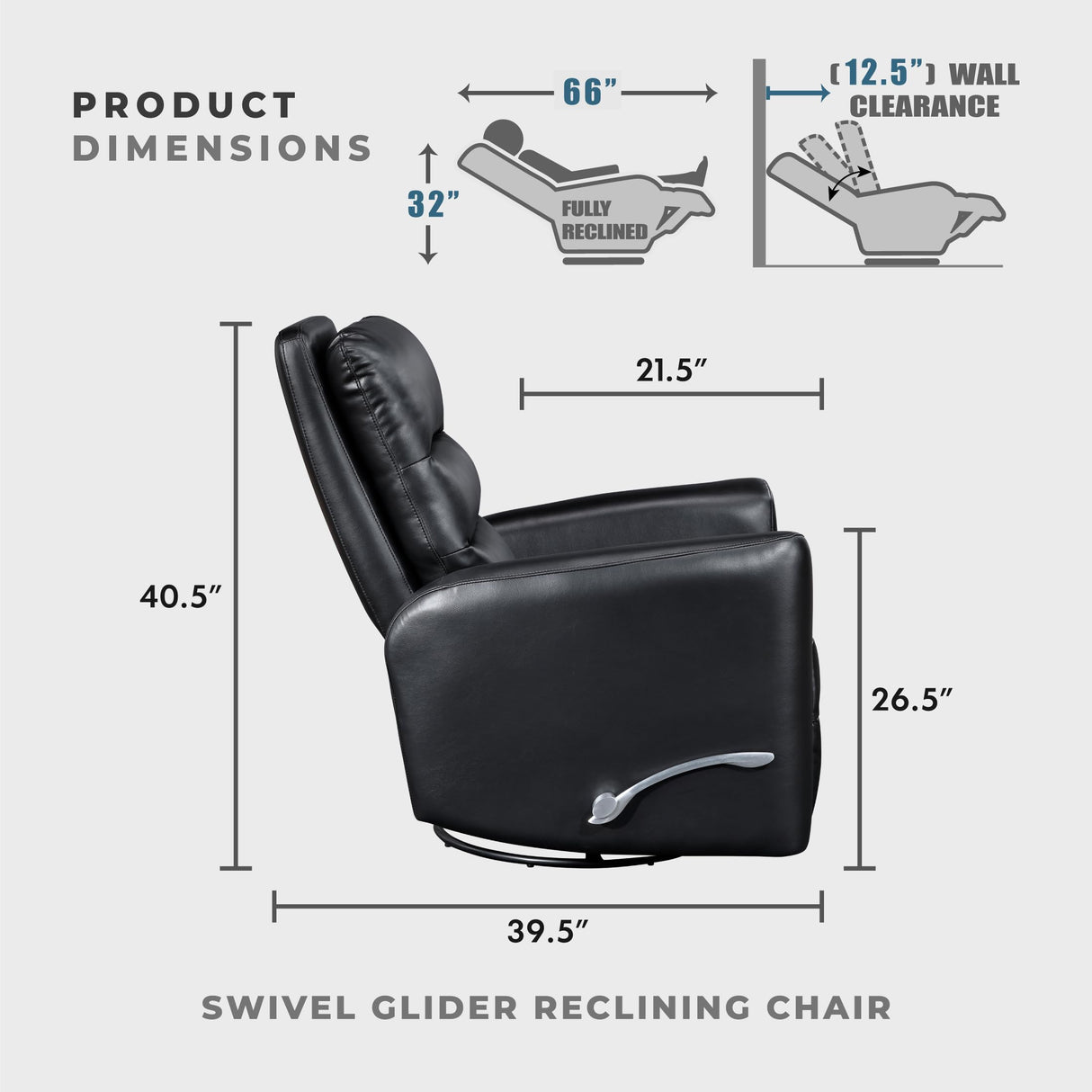 Lexicon Swivel Glider Recliner Chair, Comfy Nursery Glider, Faux Leather Recliner, Manual Reclining Chair for Living Room/Office/Apartment, Black Lexicon