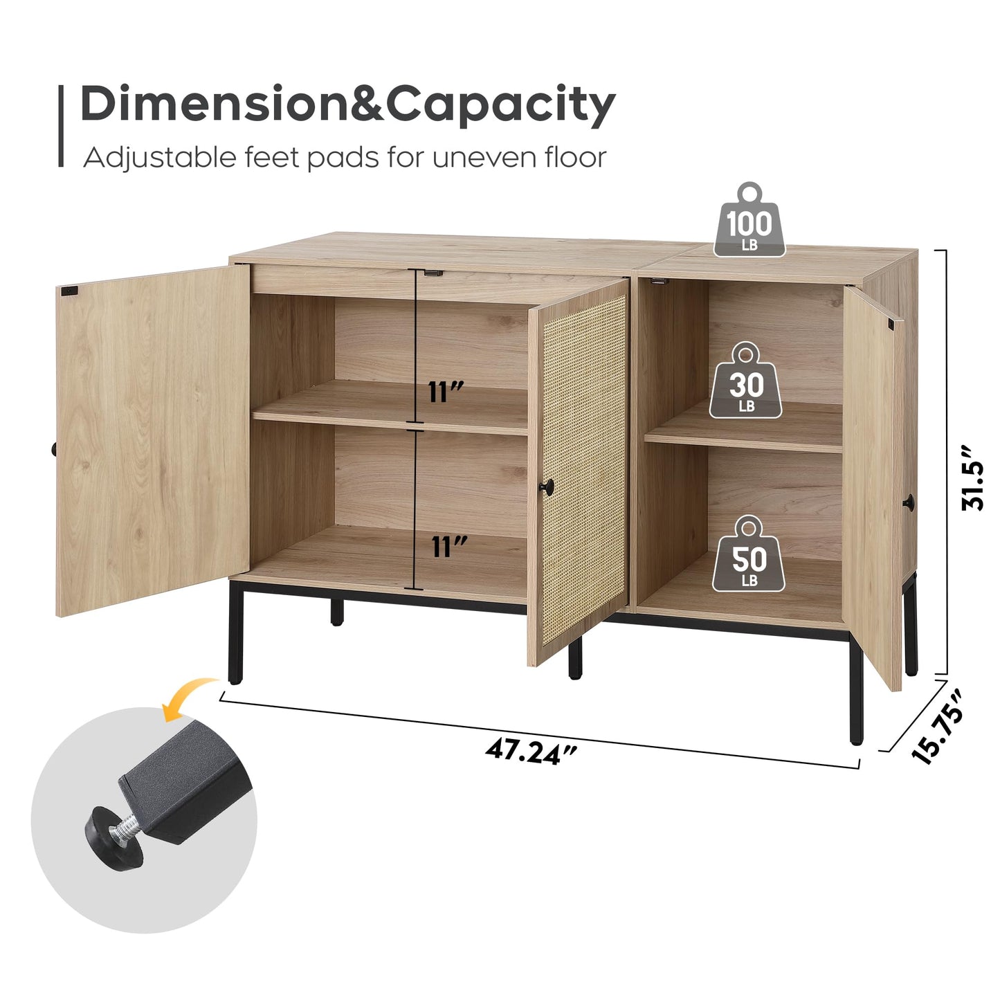 Brafab Rattan Cabinet Storage Sideboard Buffet Table Accent Console for Living Room Entryway Kitchen Dining Room 3 Doors - WoodArtSupply