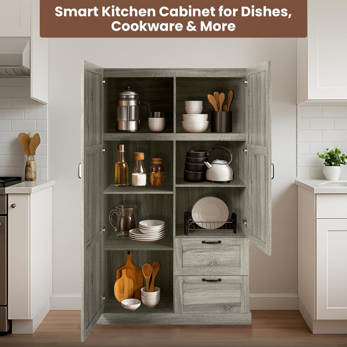 Naomi Home Grey Oak Storage Cabinet with 2 Barn Doors, 2 Drawers & Adjustable Shelves – Modern Wardrobe Closet Armoire for Bedroom, Entryway & Utility Room Naomi Home