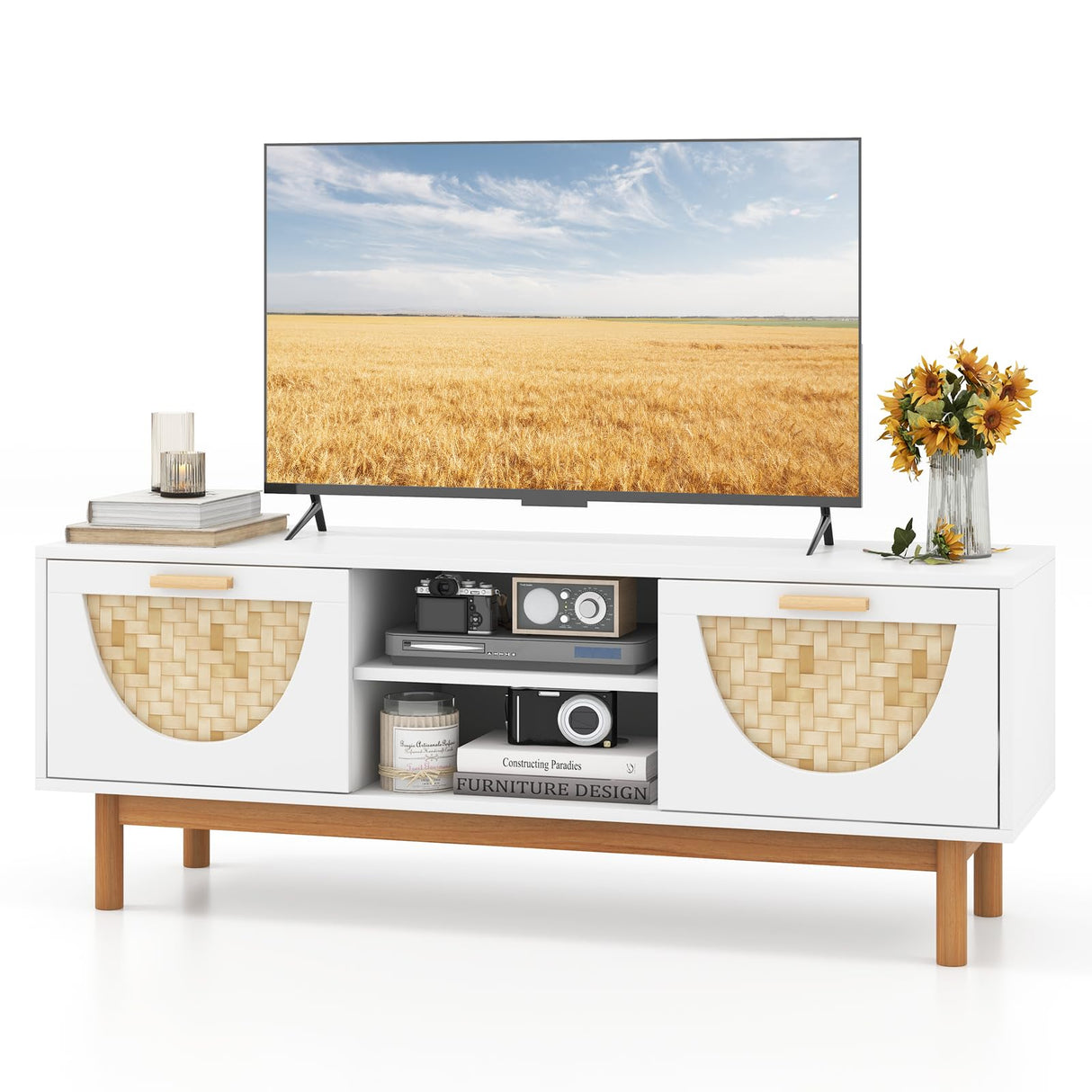 Tangkula TV Stand for 55 Inch TVs, Mid Century Modern Entertainment Center w/2 Drawers & Bamboo Woven Fronts, TV Console Table Media Cabinet w/Solid Wood Legs for Living Room (White, 47.5”, for 55"TV) Tangkula