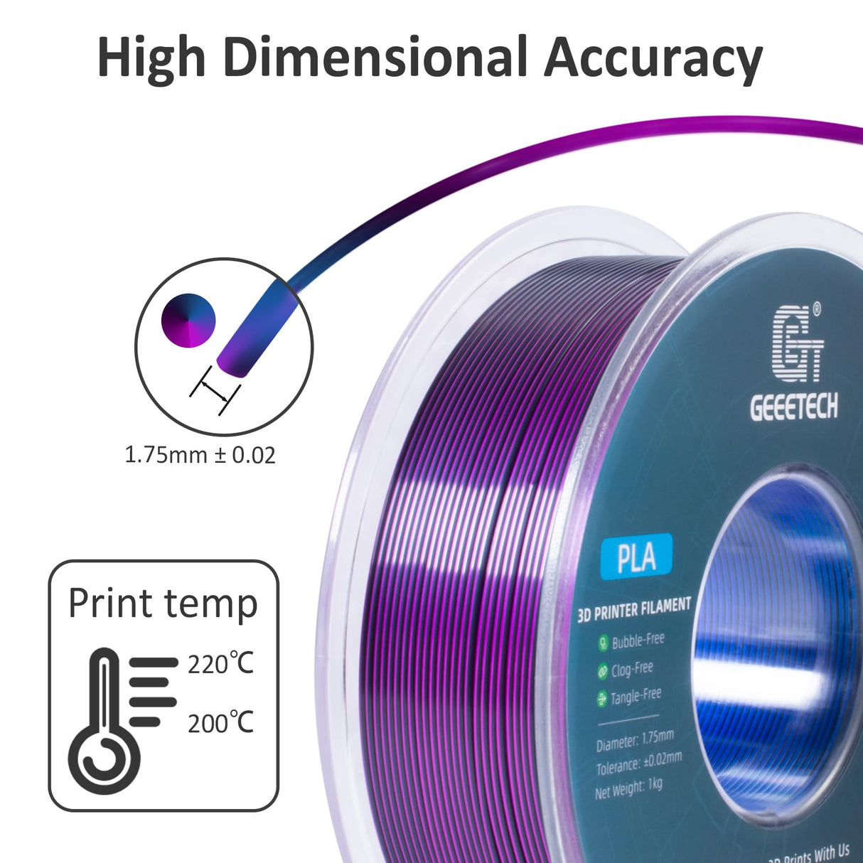 Geeetech Silk PLA Tri Color Filament 1.75mm 3D Printer Filament,Coextrusion Blue Purple Black Tri-Colors Metal-Like Shiny Silk PLA Filament,1kg (2.2lbs) 1 Spool,Dimensional Accuracy +/- 0.03 mm Geeetech