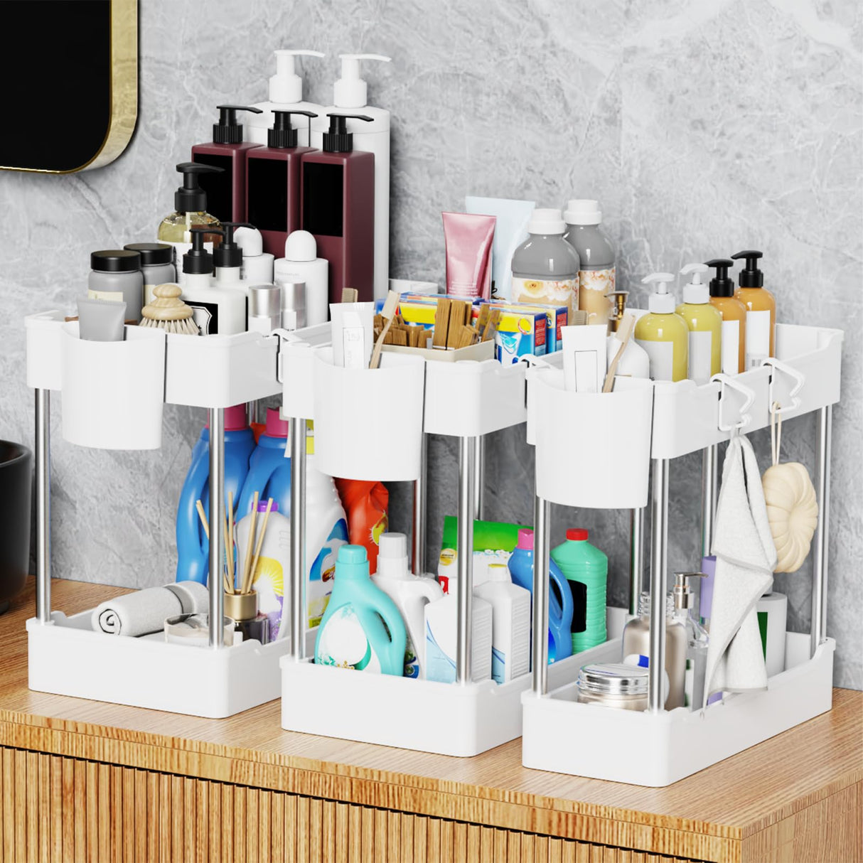 JYSMYWS 3 Pack Under Sink Organizers and Storage, 2 Tier Bathroom Cabinet Organizer Shelf with Hanging Cups for Kitchen & Bathroom (White) JYSMYWS