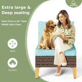 MFSTUDIO 9 Pieces Wicker Patio Furniture Set with 56" Fire Pit Table, Rattan Half-Moon Patio Conversation Set Outdoor Sectional Sofa Set, 4 x Curved Sofa, 2 x Armless Sofa, 2 x Ottoman(Aqua Blue) MFSTUDIO