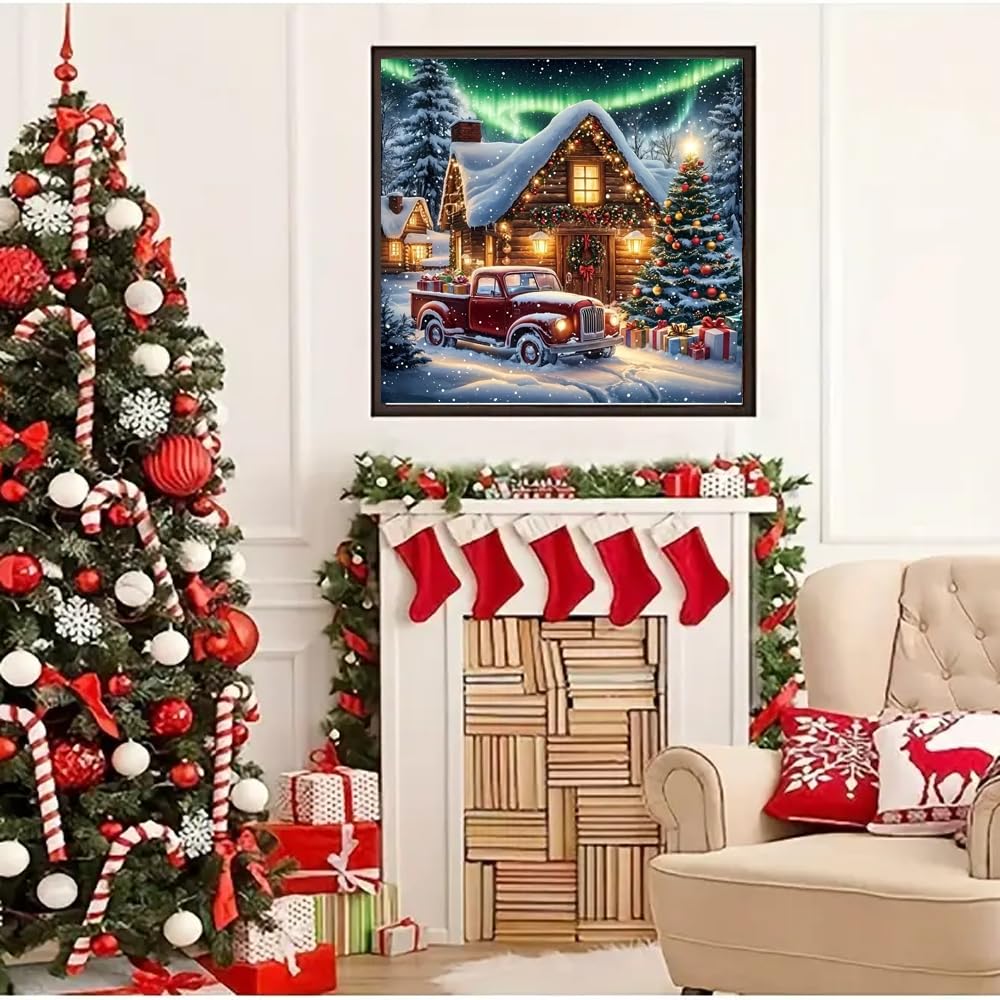 gganmtere 5D Christmas Red Truck Diamond Art Painting Kits for Adults,Landscape Diamond Painting Kits for Beginners,Full Drill Diamond Dot,Gem Art Crafts for Adults Wall Decor 14x14inch gganmtere