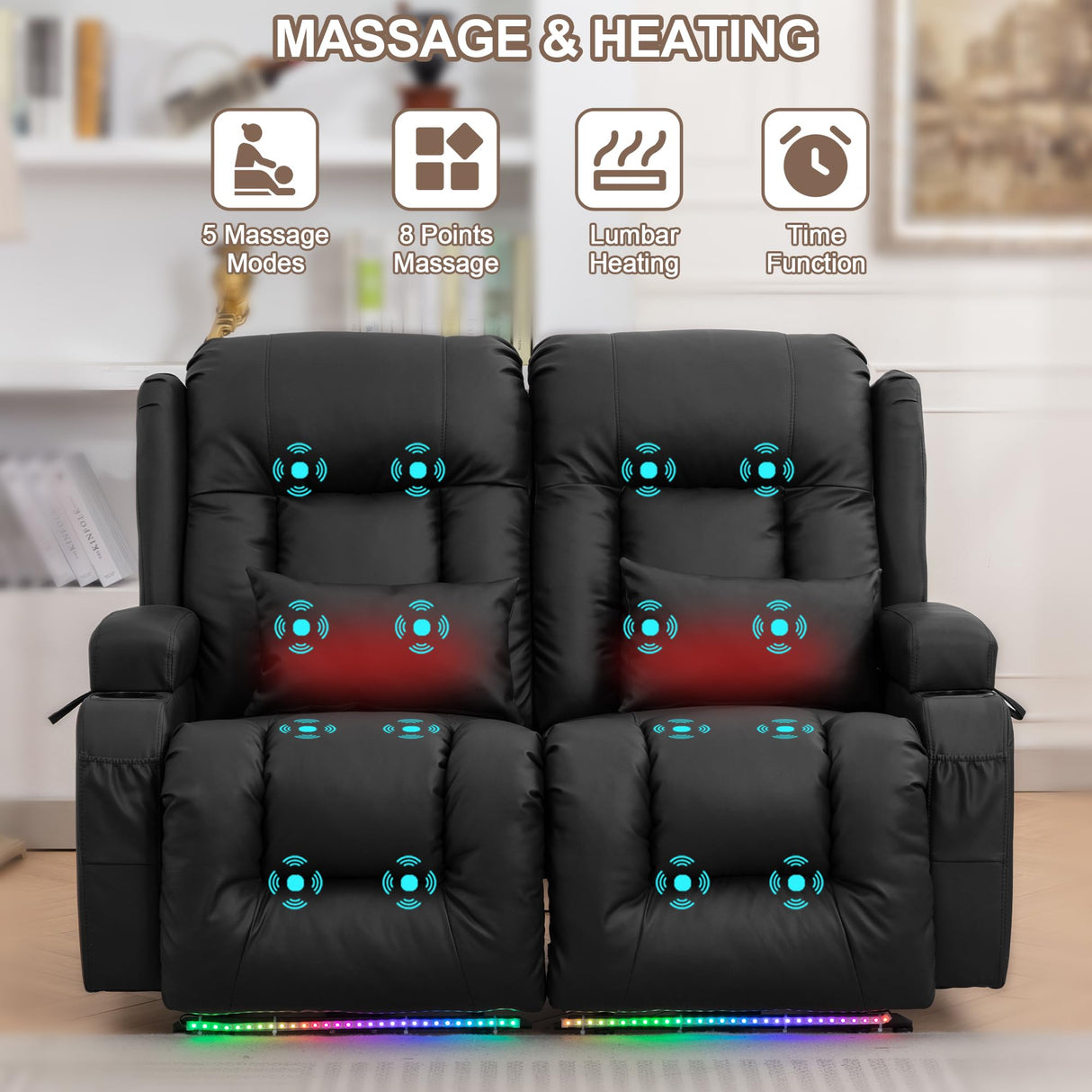 TUNYI Power Loveseat Recliner Sofa - Home Theater Seating with Massage & Heat Faux Leather RV Recliner Loveseat Sofa with USB/Cup Holder/Side Pocket/LED Light/Pillow (Black) TUNYI