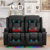 TUNYI Power Loveseat Recliner Sofa - Home Theater Seating with Massage & Heat Faux Leather RV Recliner Loveseat Sofa with USB/Cup Holder/Side Pocket/LED Light/Pillow (Black) TUNYI