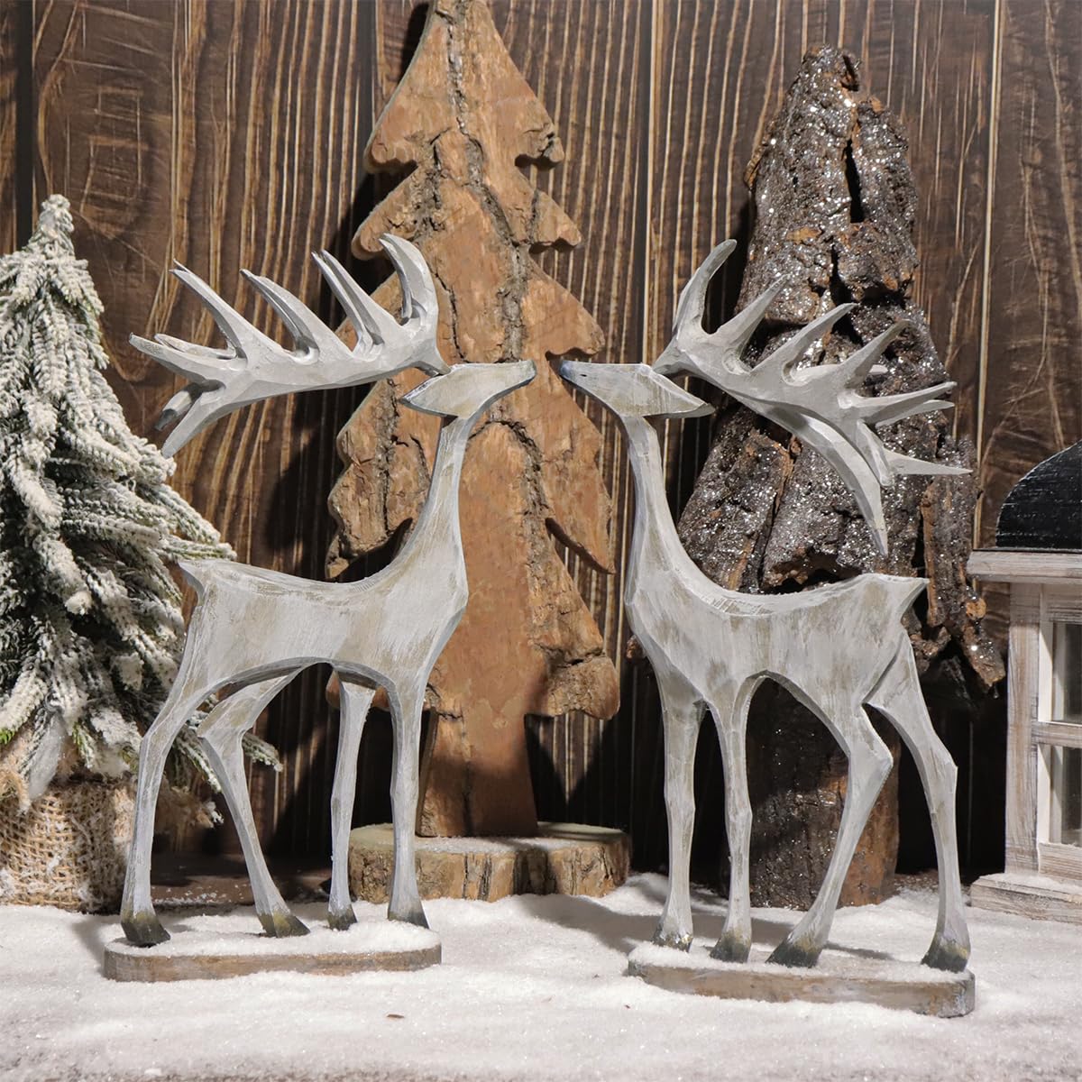 Pawliss Christmas Reindeer Decor, 2Pcs Christmas Reindeer Decor Hand Carved Birch Reindeer Wood Crafts, Deer Christmas Decor for Home Shelf Cabinet Table, Home Display, Tabletop