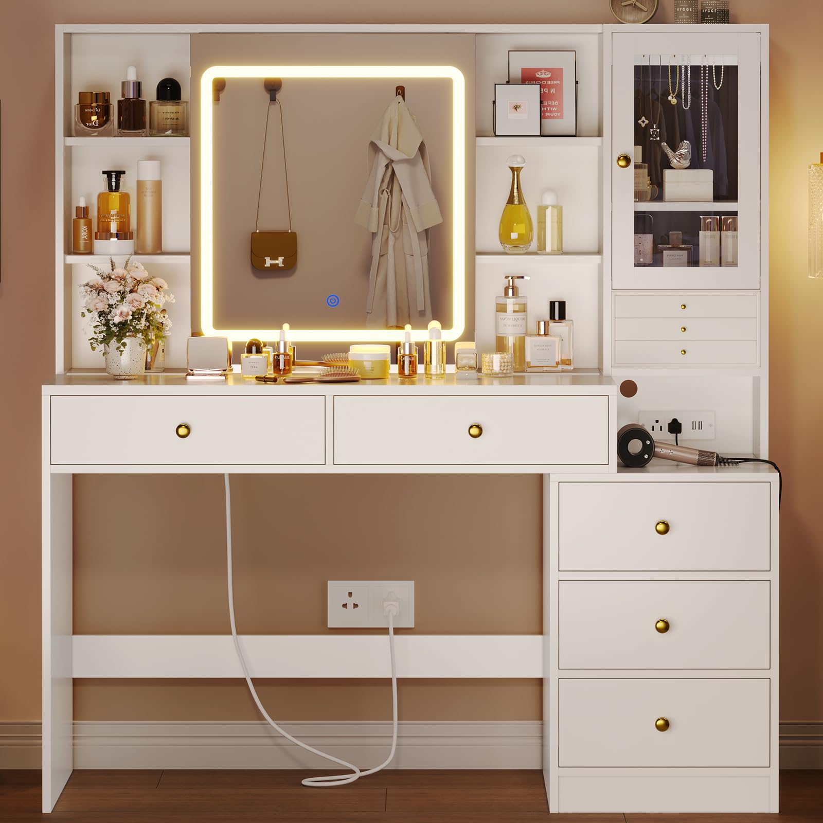 HAUOMS Makeup Vanity with Lights & Sliding Mirror, Vanity Desk with Jewelry Organizer, Glass Cabinet & 5 Drawers, Dressing Table, Modern White - WoodArtSupply