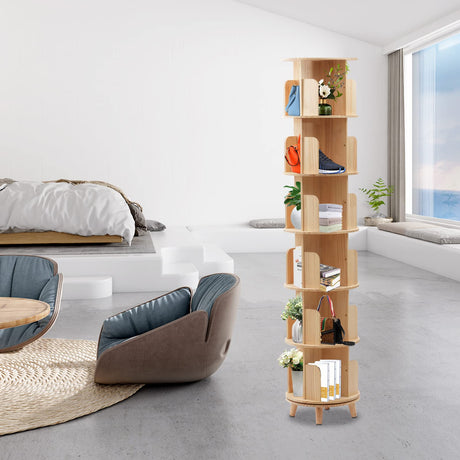 6-Tier Rotating Wood Bookshelf - Multi-Functional 360° Floor Standing Organizer for Kids & Adults RustyVioum