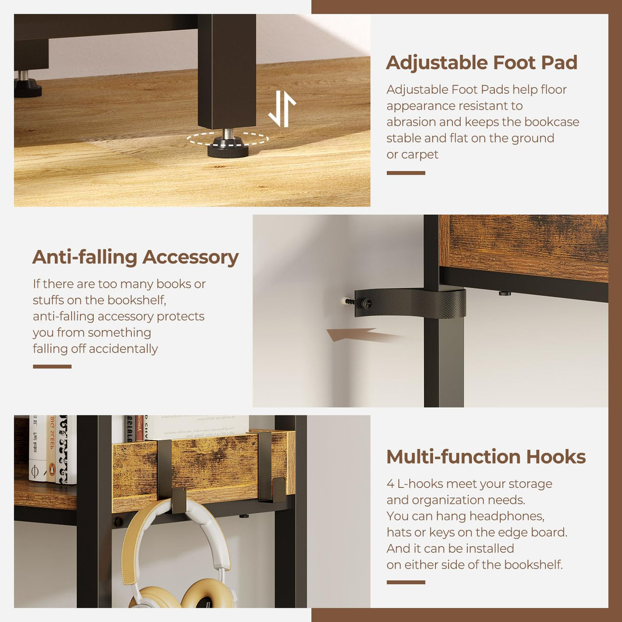 Rolanstar Bookshelf 6 Tier with 4 Hooks, Reversible Corner Bookshelf, 69" Industrial Wooden Bookcase with Open Shelves and Metal Frame for Living Room, Bedroom, Home Office, Rustic Brown Rolanstar