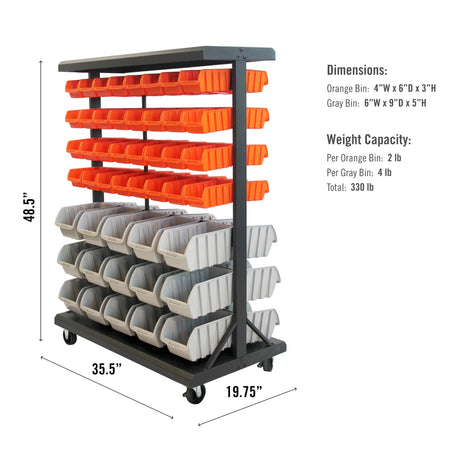 TRINITY EcoStorage 6-Tier Dual-Sided Rolling Bin Rack, 330 Pound Capacity, Includes 94 Organizer Bins, 19.75" x 35.5" x 48.5", Black TRINITY