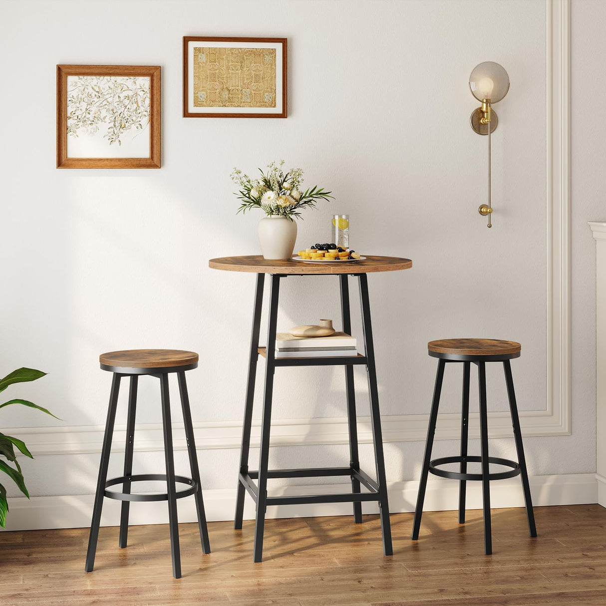MAHANCRIS Round Bar Table, 37.4" High Pub Top Table with Footrest, 2-Tier Counter Height Cocktail Tables with Storage, Bistro Table for Small Spaces, Easy to Assemble, Rustic Brown BTHR12501N1 MAHANCRIS