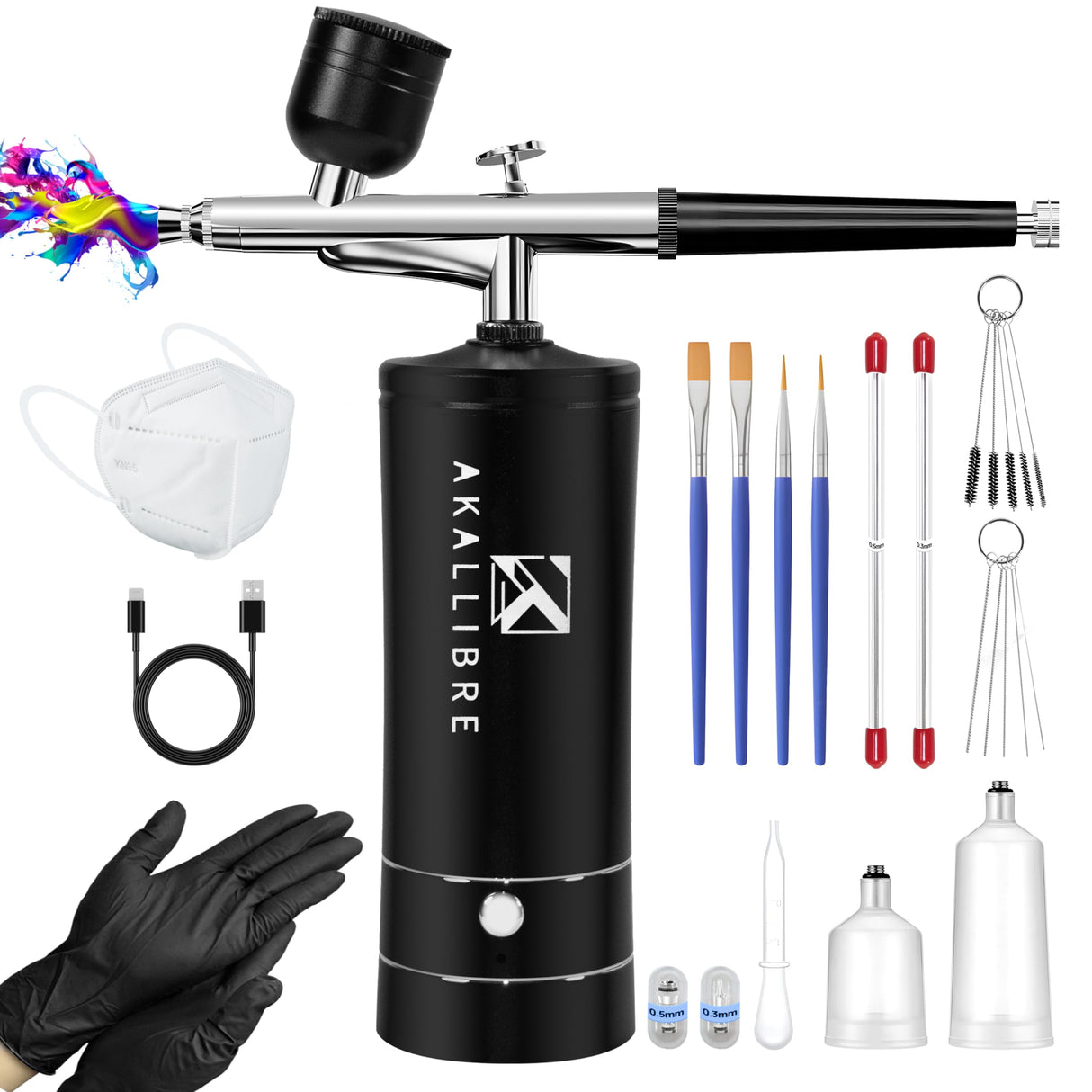 AKALLIBRE Airbrush Kit with Compressor, 48PSI High-Pressure Non-Clogging Airbrush Gun with 0.2/0.3/0.5mm Nozzles, Portable Airbrush for Nails Art, Cake Decoration, Painting etc. AKALLIBRE