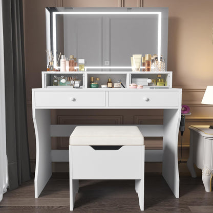 VECELO Vanity Desk with LED Lighted Mirror and Power Outlet, Makeup Table with 4 Drawers and Storage Stool, Adjustable 3 Lighting Modes for Bedroom, Dressing Room, White