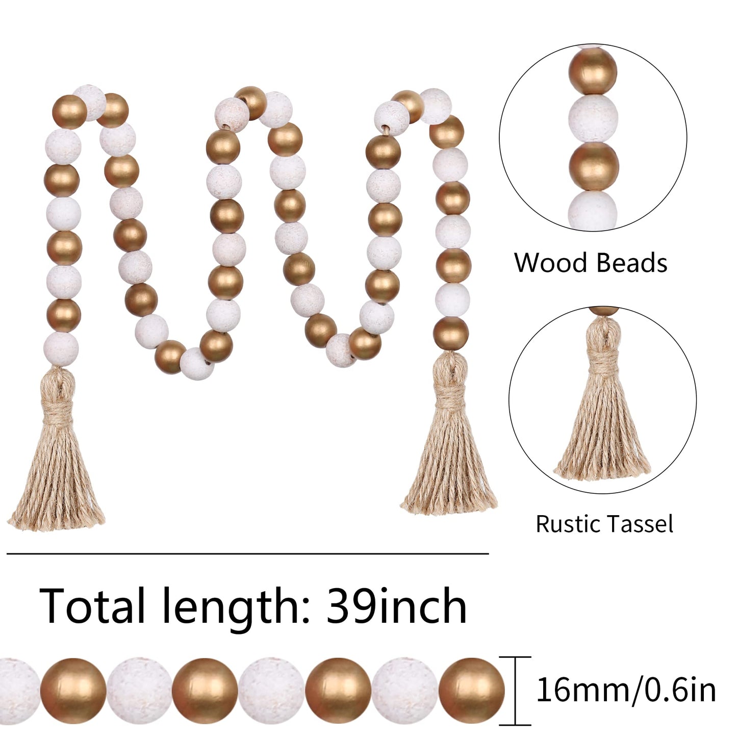 Meplait Wood Bead Garland,39in Farmhouse Beads with Tassels Boho Beads for Tiered Tray Decorative Beads Home Decor（Gold & Wash White）