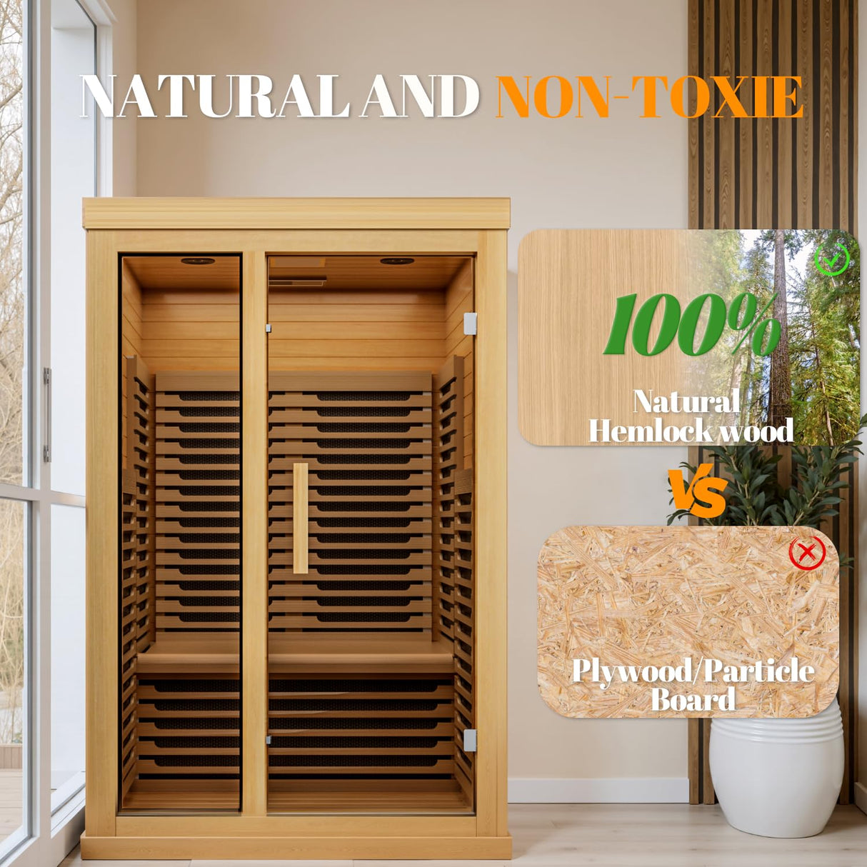Tehanld Far Infrared Wooden Sauna Low EMF- 2 Person Personal Sauna for Home Use, Full Spectrum Infrared Sauna, Dual Tempered Glass & Bluetooth Speakers - Indoor Sauna 2000W, Natural Wood Tehanld