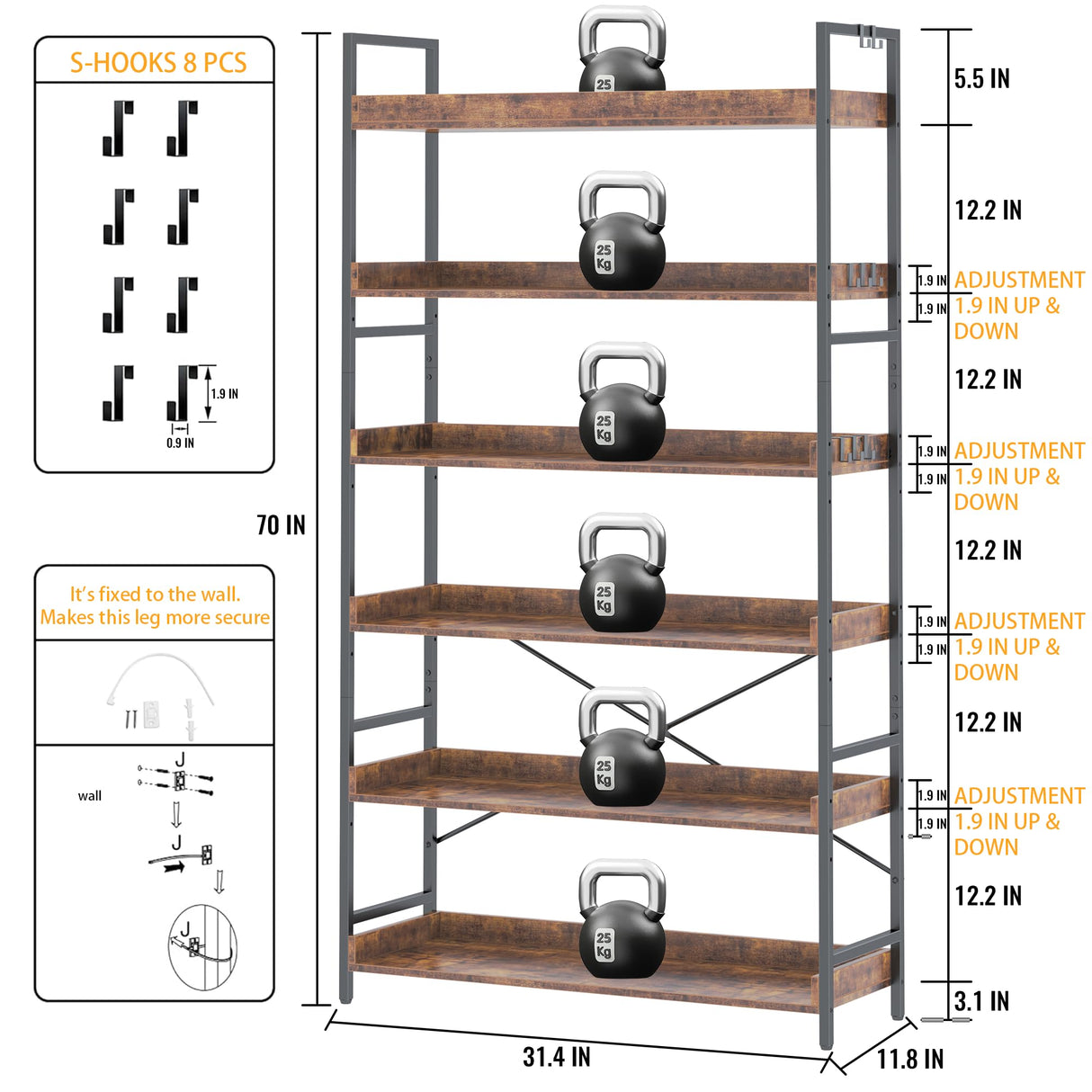 HCHQHS Bookshelf, Adjustable Industrial Bookcase, Vertical Tall Book Shelf, Wood and Black Metal Open Bookshelves for Home Office, Living Room, Bedroom (Rustic Brown, 6-Tier (31" W x 70" H)) HCHQHS